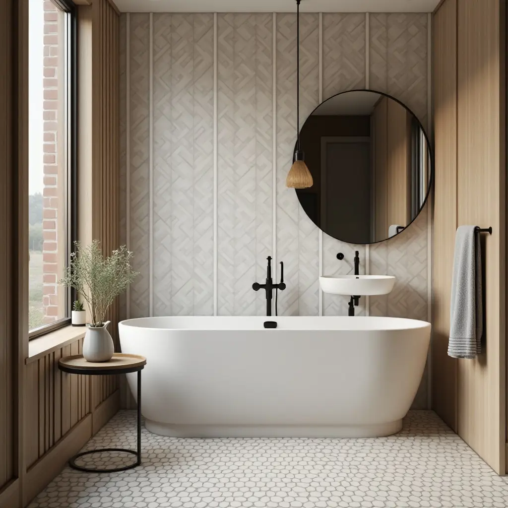 a photo of a chic bathroom with geometric tile patterns, wooden accents, and metallic fixtures