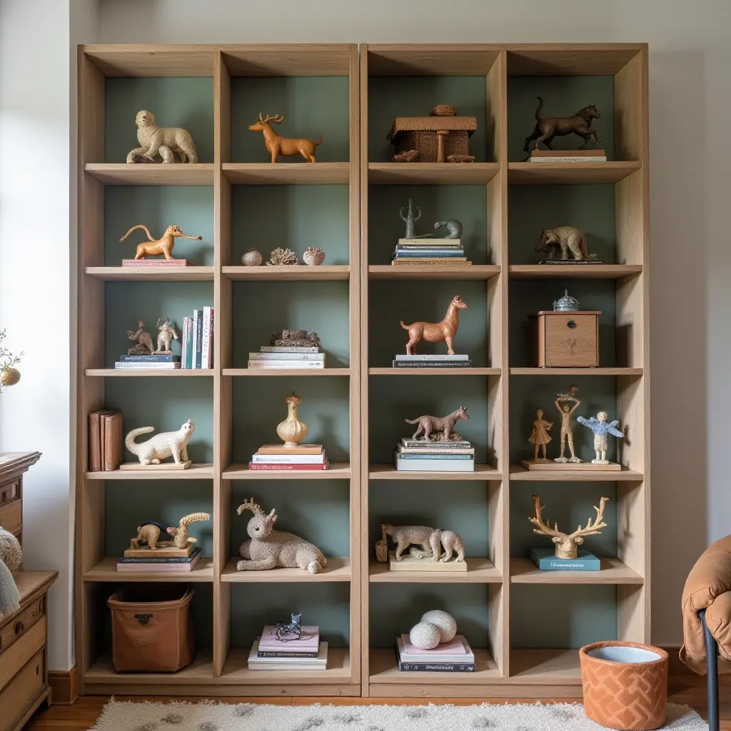 a photo of a vintage shelving unit displaying collectibles in a teen's room