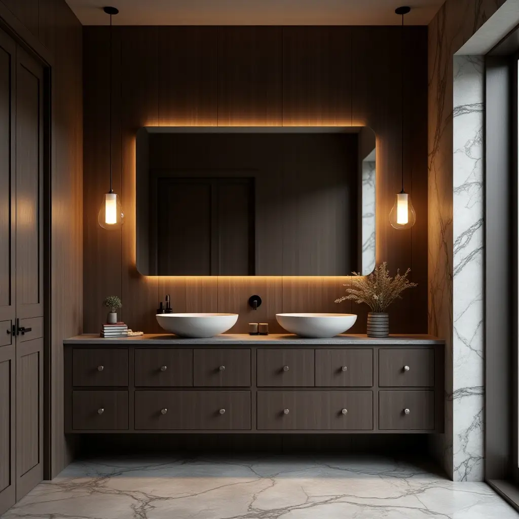 a photo of a dark wood-themed bathroom with pendant lights highlighting the decor