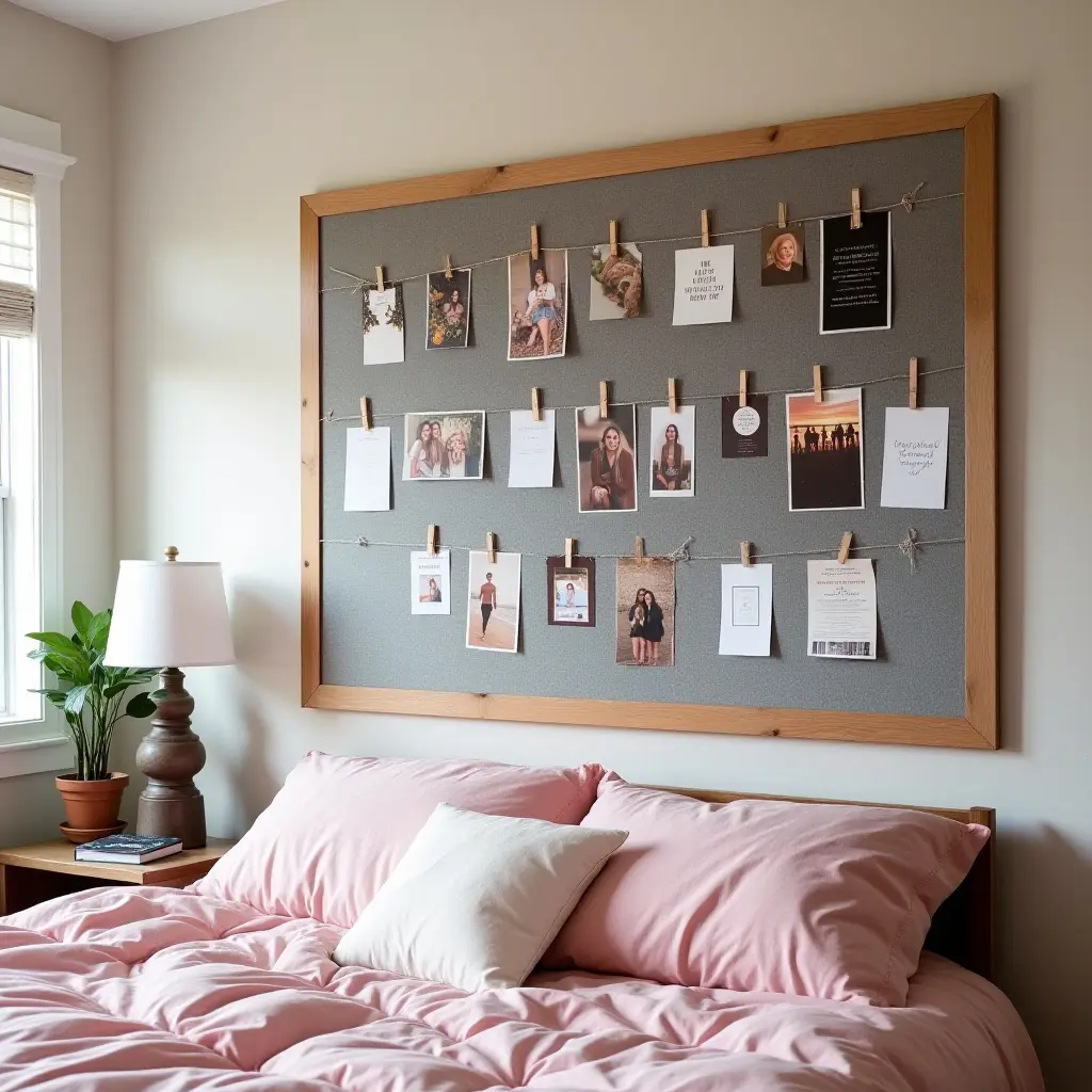 a photo of a DIY bulletin board decorated with photos and quotes in a teen's room