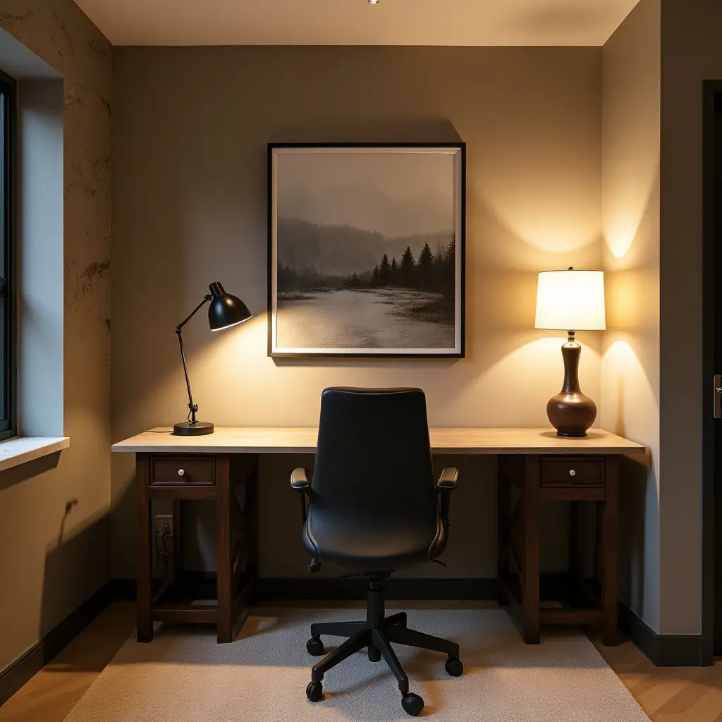 a photo of a stylish basement office with task lighting and decorative lamps