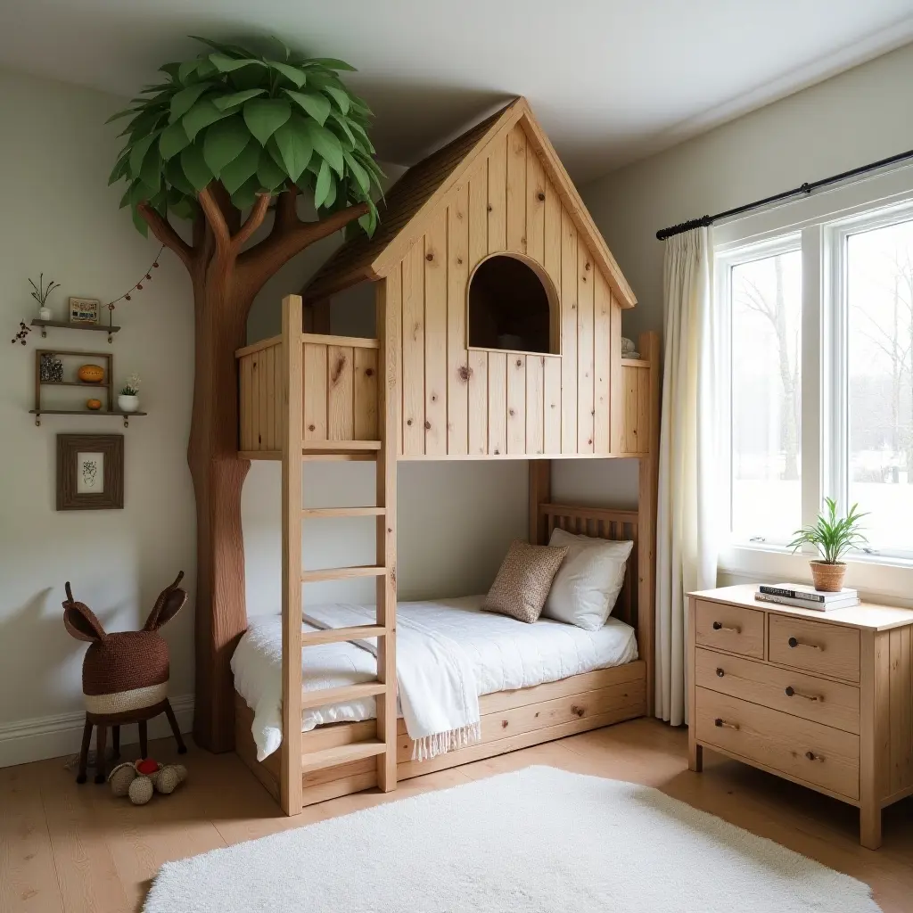 a photo of a whimsical kids' room featuring a farmhouse-style treehouse bed
