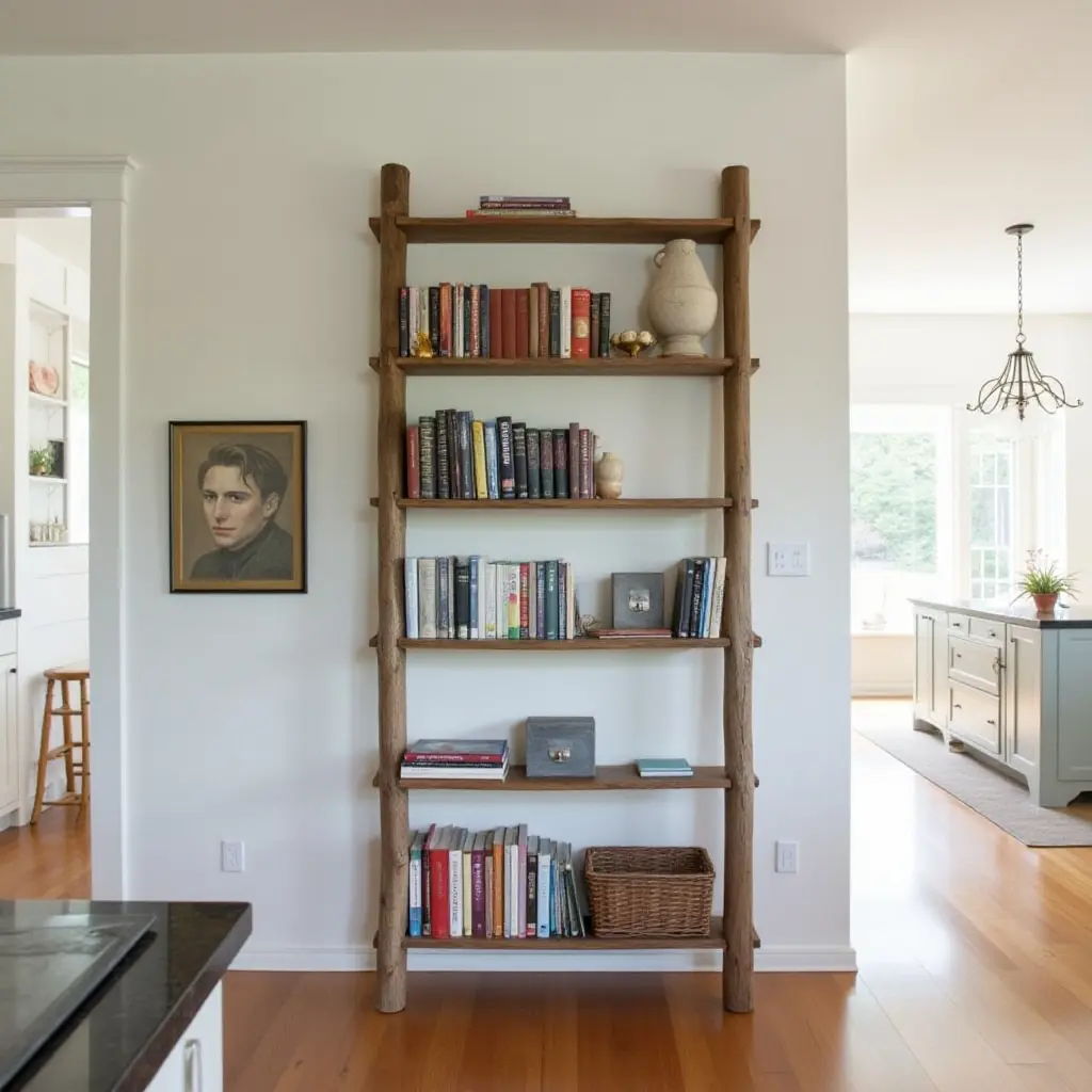 a photo of a rustic ladder used as a bookshelf in a kitchen