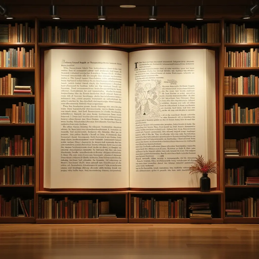 a photo of a library wall displaying oversized book pages