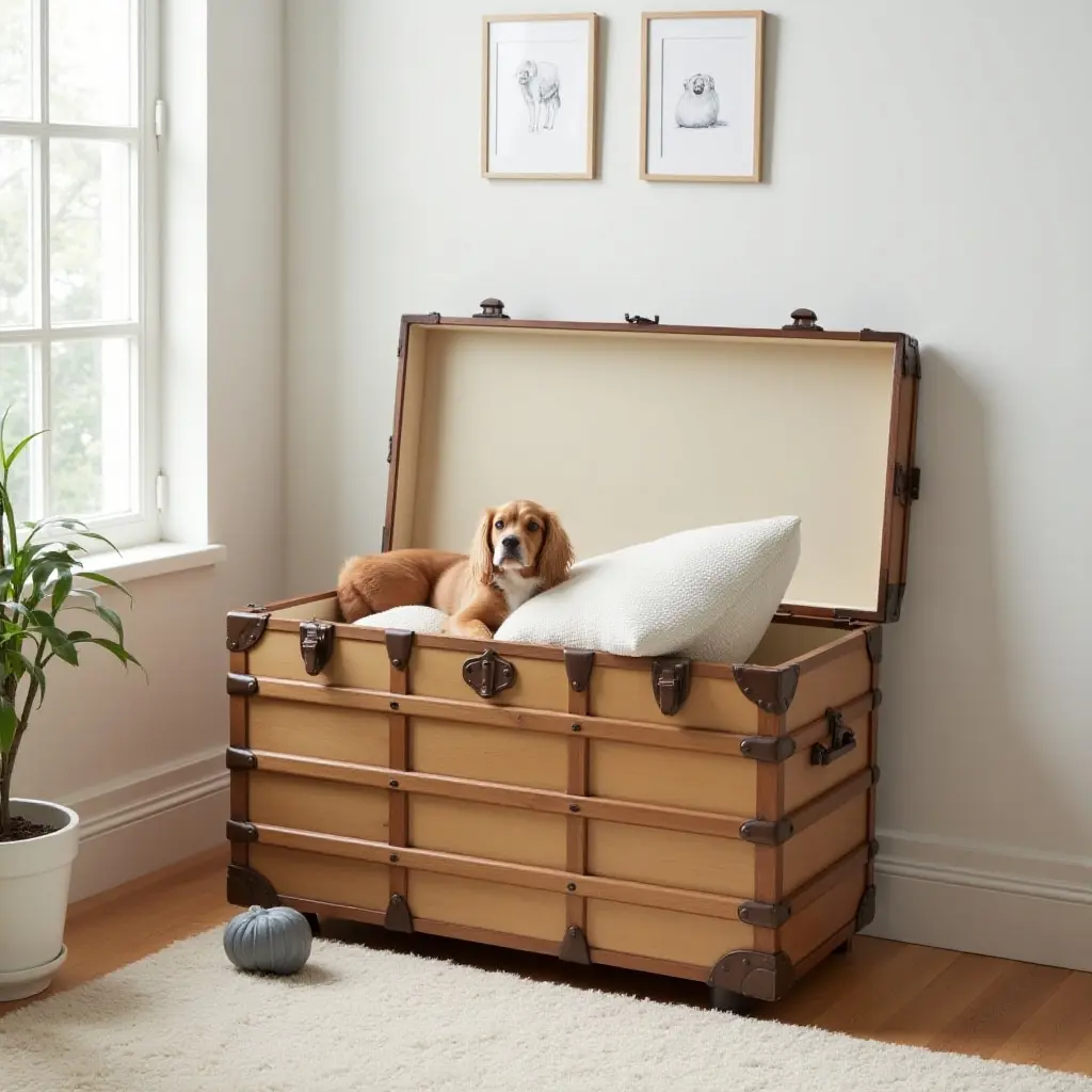 a photo of a playful kids' space showcasing a vintage trunk as a toy box