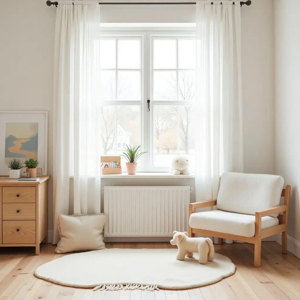 a photo of a bright and airy children's room featuring vintage furniture and modern accents