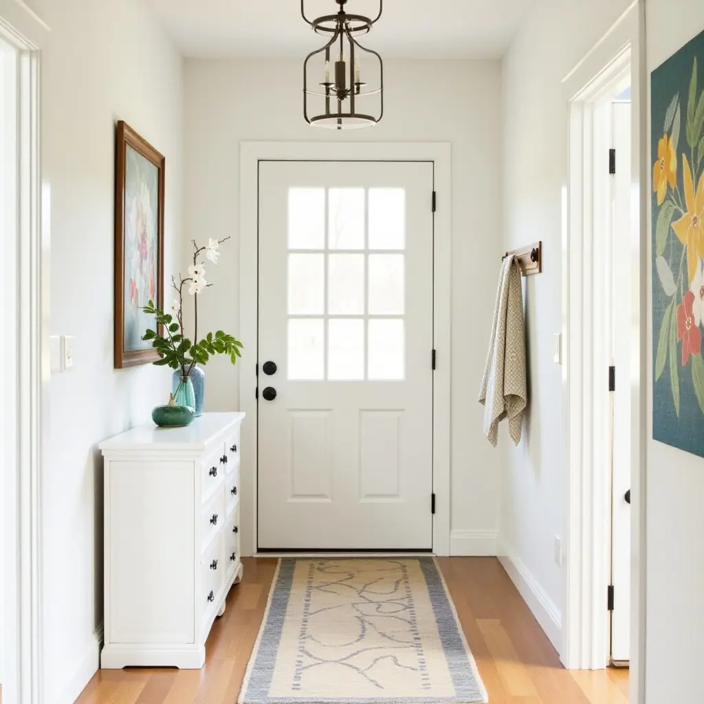 a photo of a bright entryway with colorful artwork and farmhouse charm