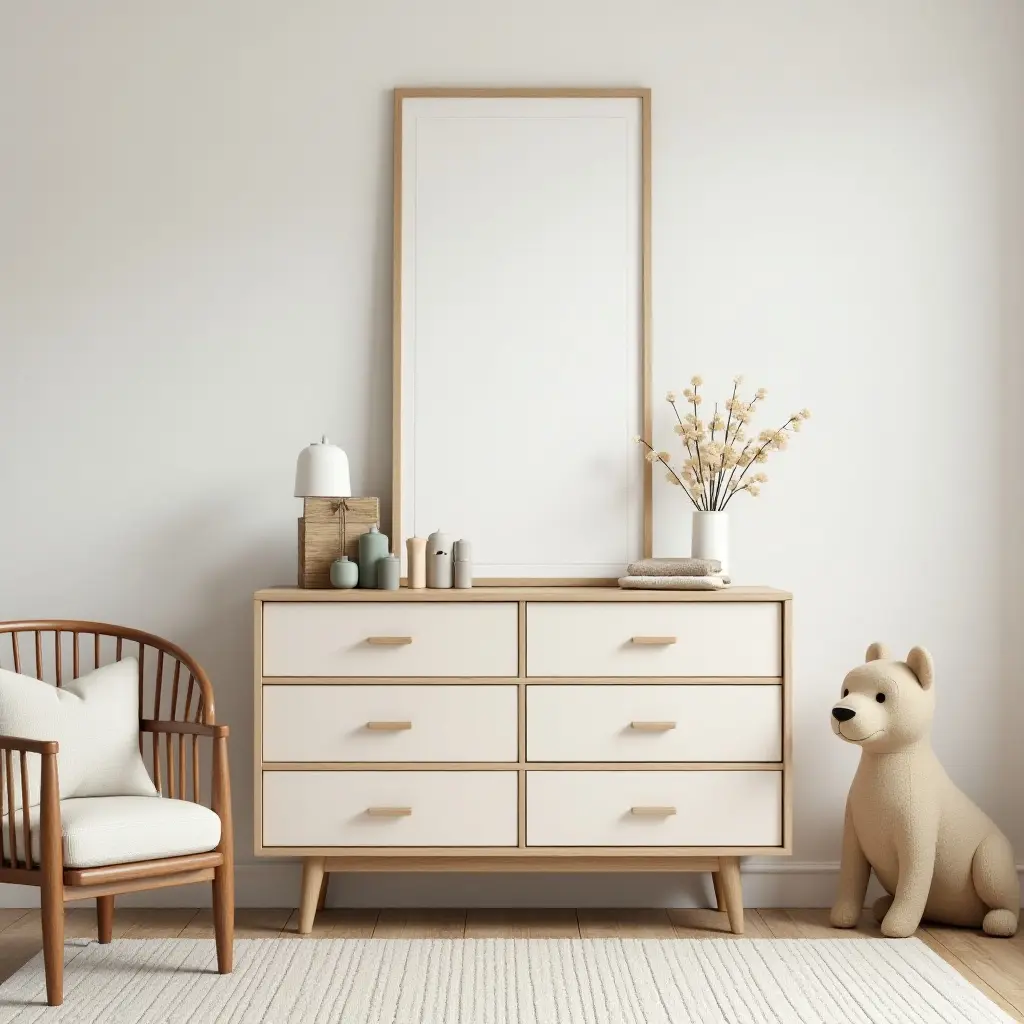 a photo of a charming nursery with a vintage dresser