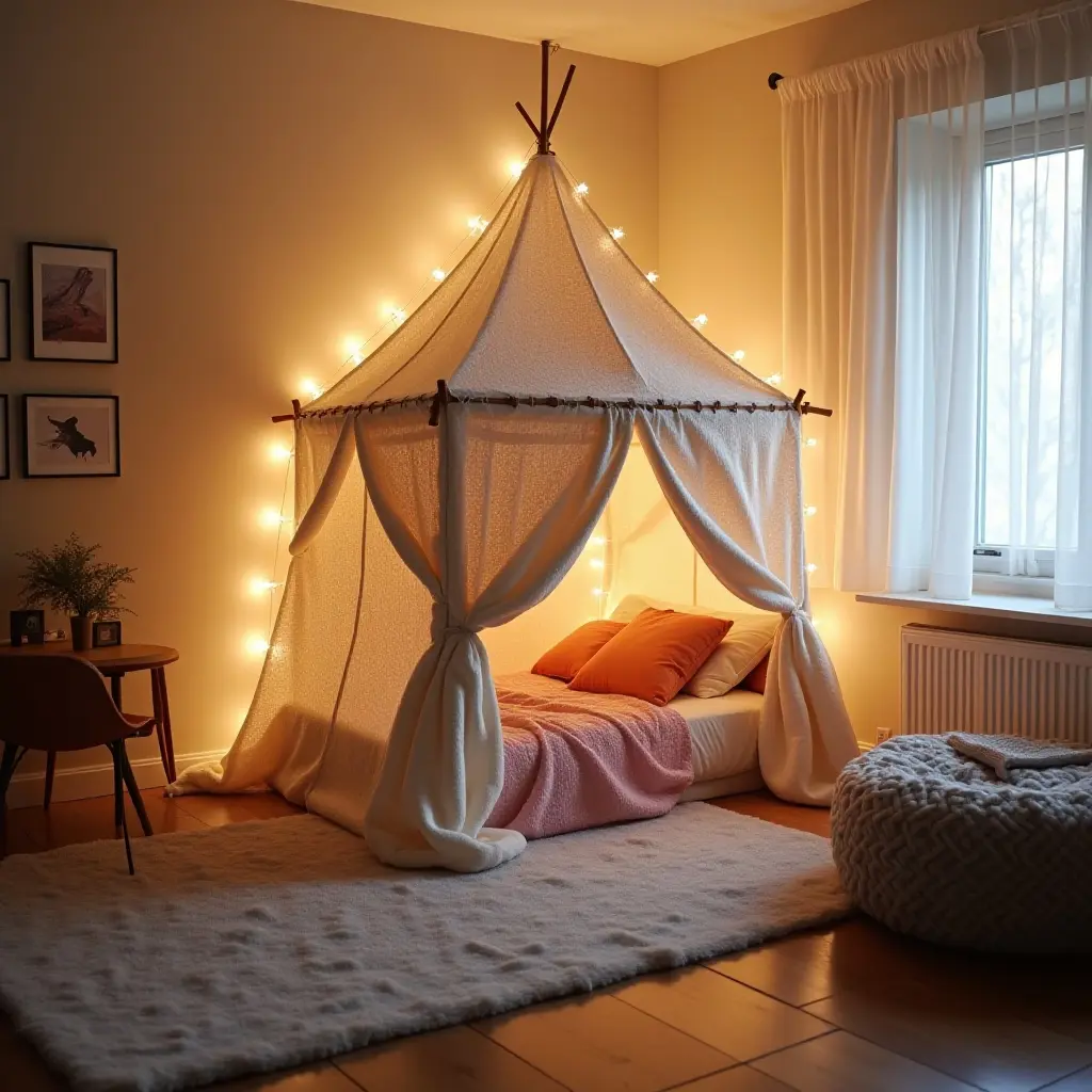 a photo of a cozy DIY blanket fort in a teenager's bedroom