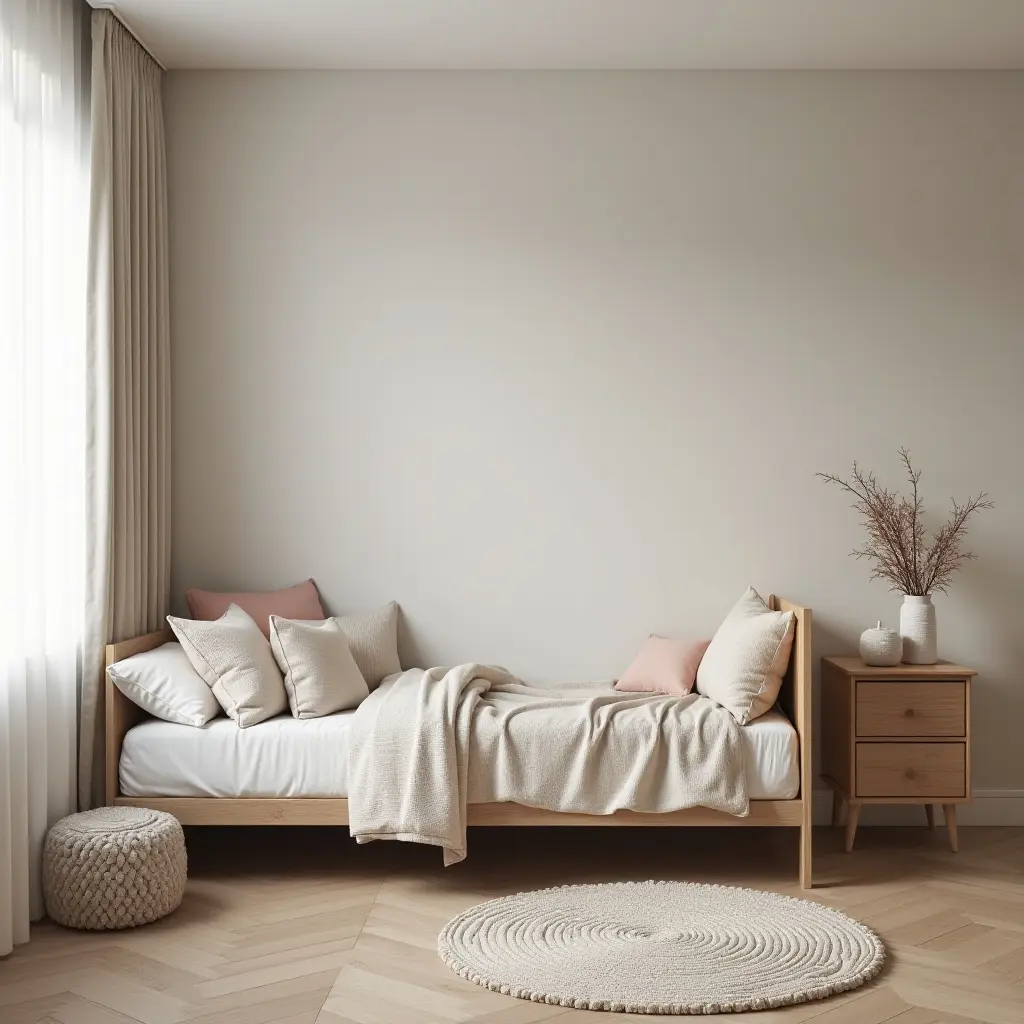 a photo of a stylish kids' bedroom with a rug and cushions