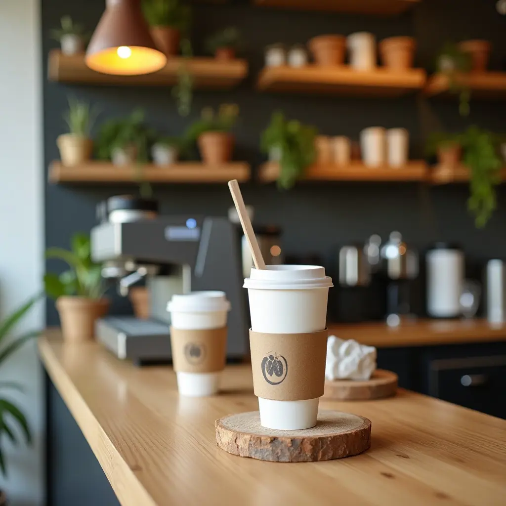 a photo of an eco-friendly coffee station with sustainable materials and reusable cups