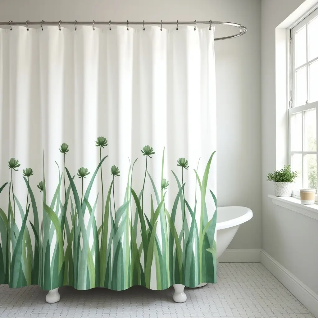 a photo of a creative bathroom with a plant-themed shower curtain