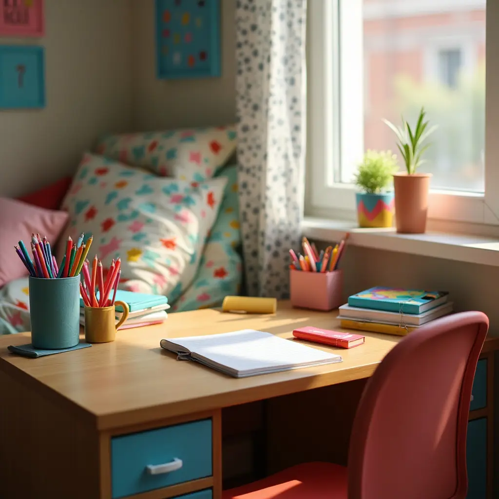 a photo of a wooden desk with colorful stationery in a teen's bedroom