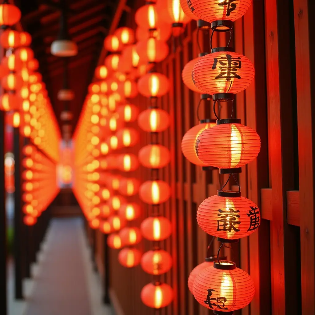 a photo of a wall adorned with colorful paper lanterns