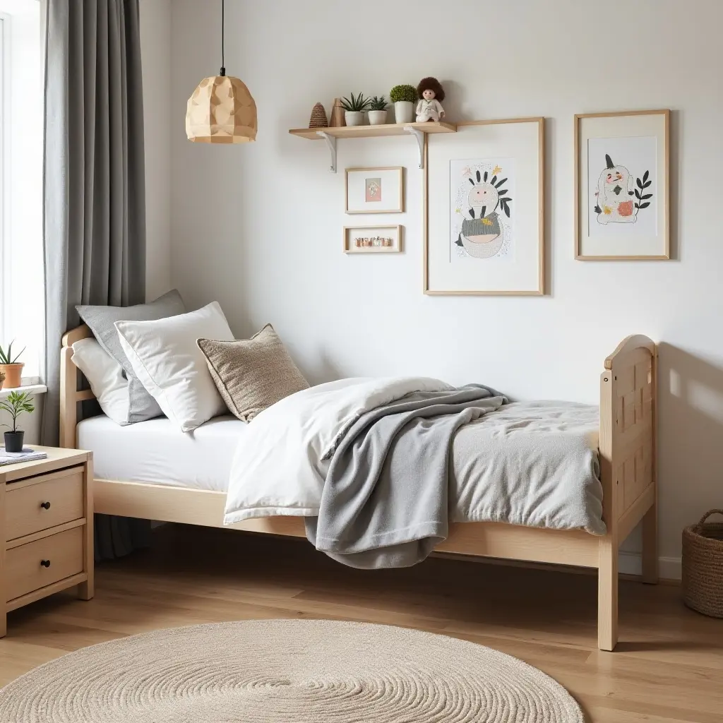 a photo of a functional kids' bedroom featuring Scandinavian decor and art supplies