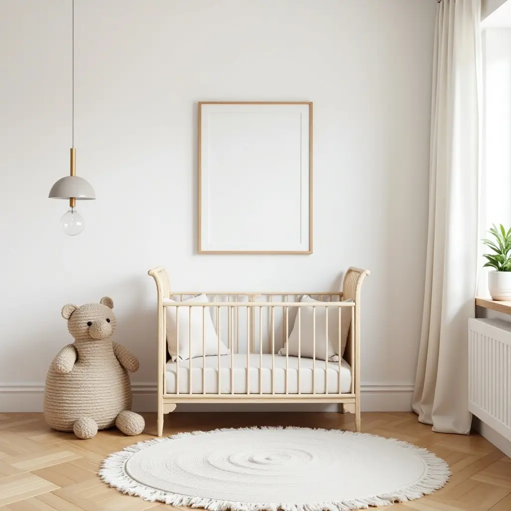 a photo of a charming nursery with a vintage crib and decorative wall art