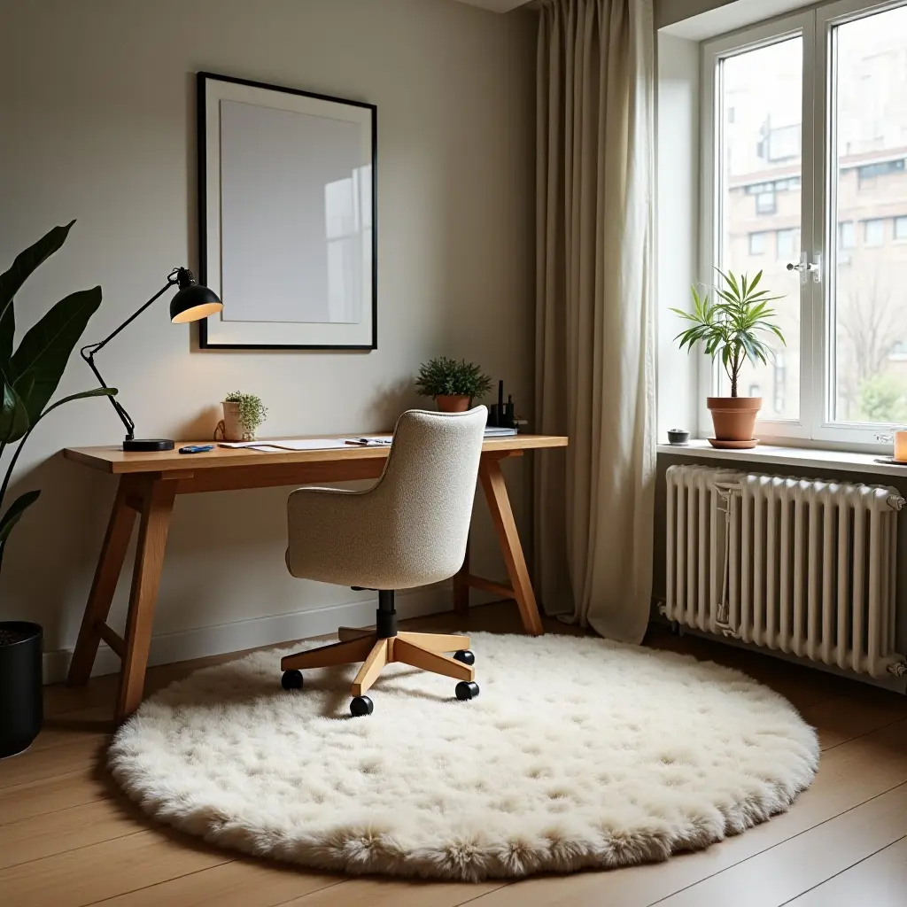 a photo of a cozy rug under a study desk and chair