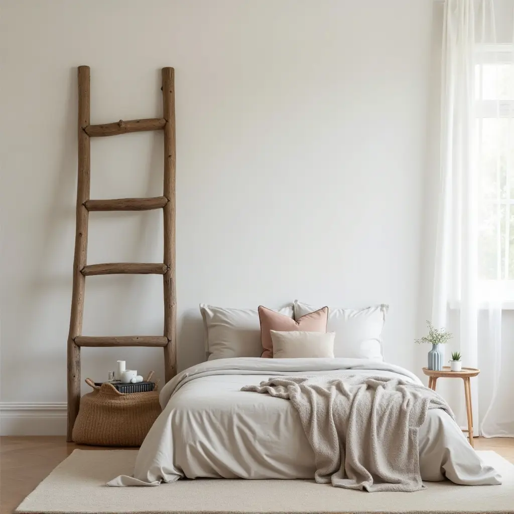 a photo of a rustic wooden ladder used for decor in a bedroom