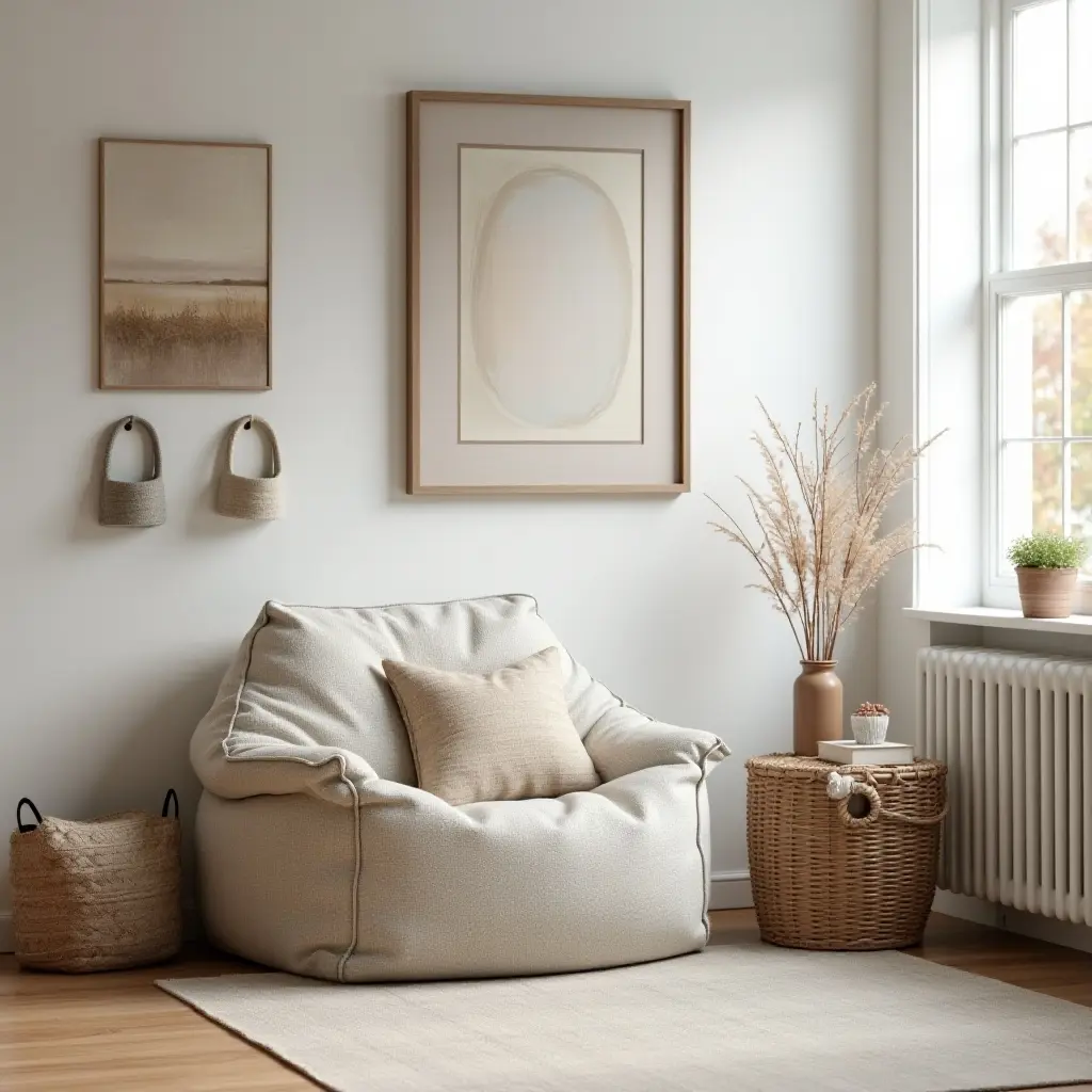 a photo of a cozy corner with a bean bag and farmhouse decor in a teen's room
