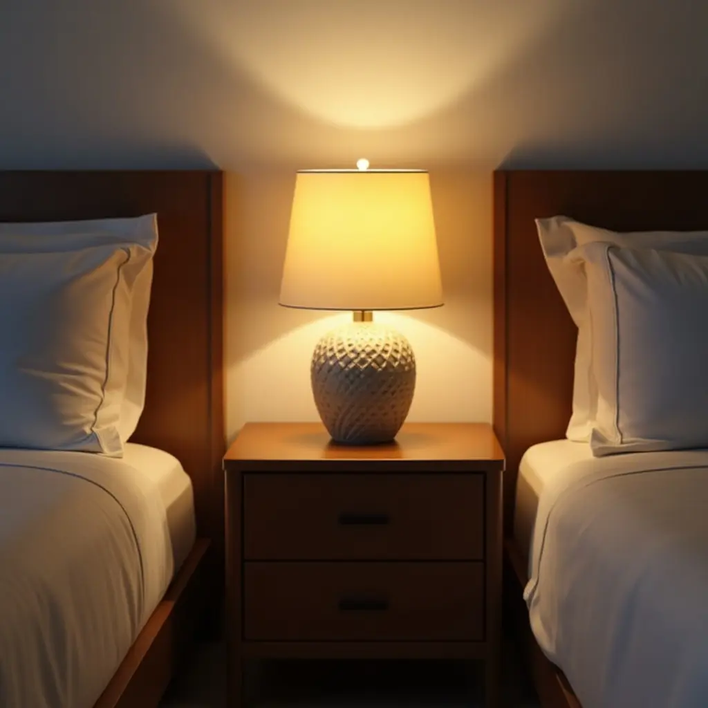 a photo of a wooden nightstand with a decorative lamp