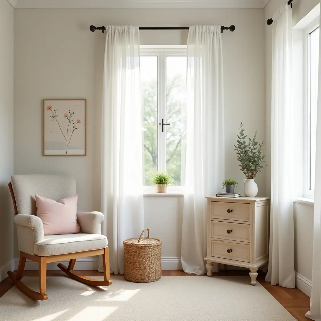 a photo of a serene children's room with a vintage farmhouse rocking chair
