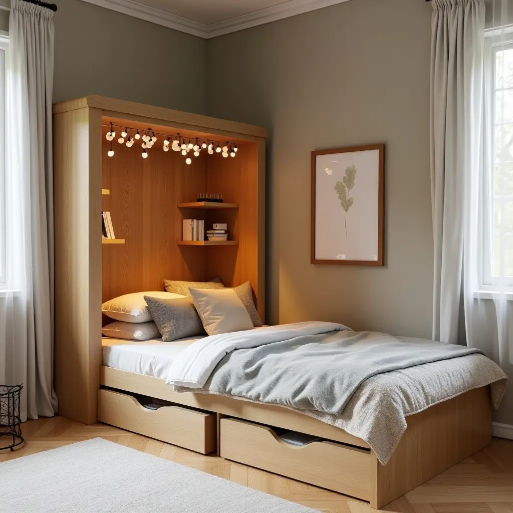 a photo of a wooden play area with cushions in a teen's bedroom