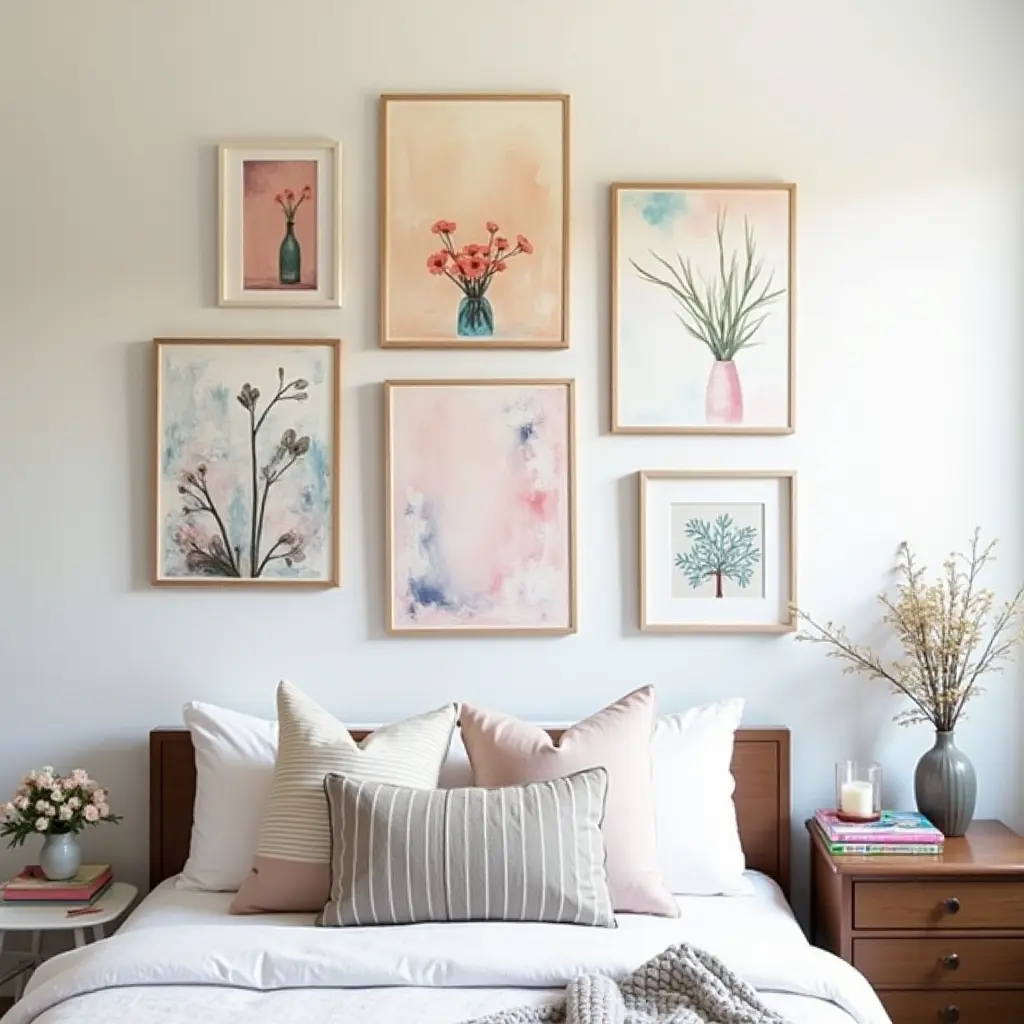 a photo of a DIY gallery wall with hand-painted canvases and personal touches in a teen's room