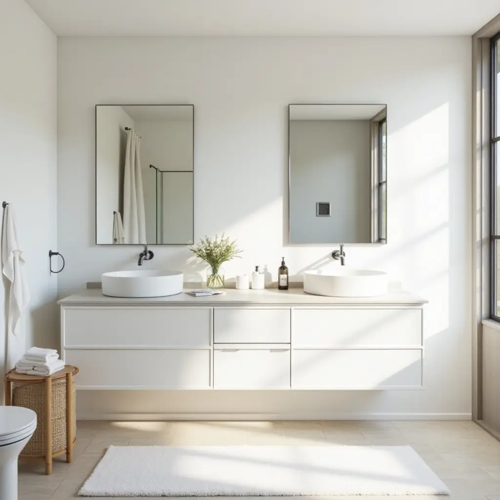 a photo of a bright Scandinavian bathroom with a large mirror and natural light
