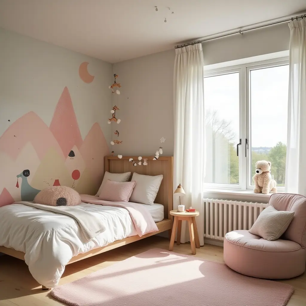 a photo of a shared bedroom with a whimsical design and a shared play area