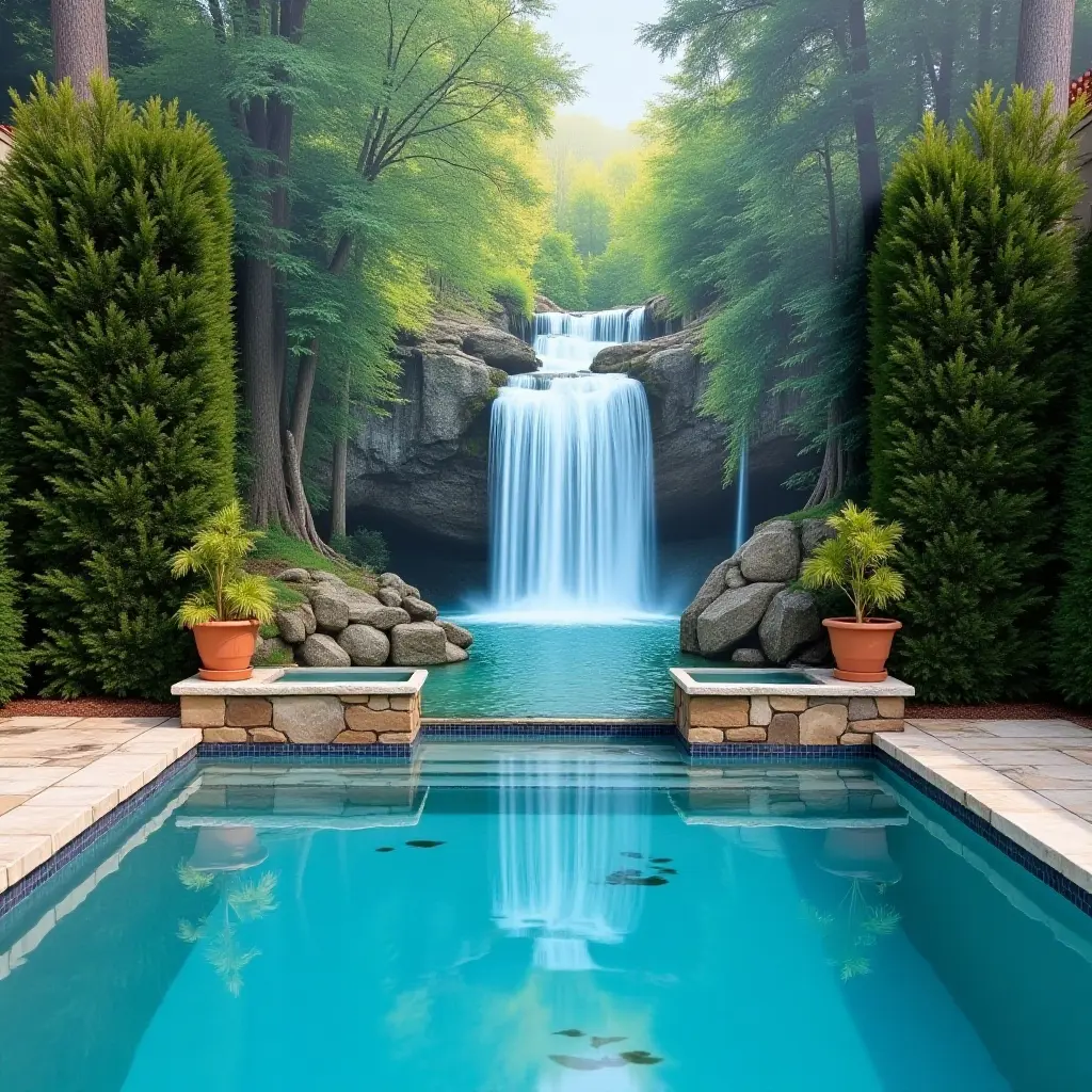 a photo of a serene waterfall mural enhancing the poolside