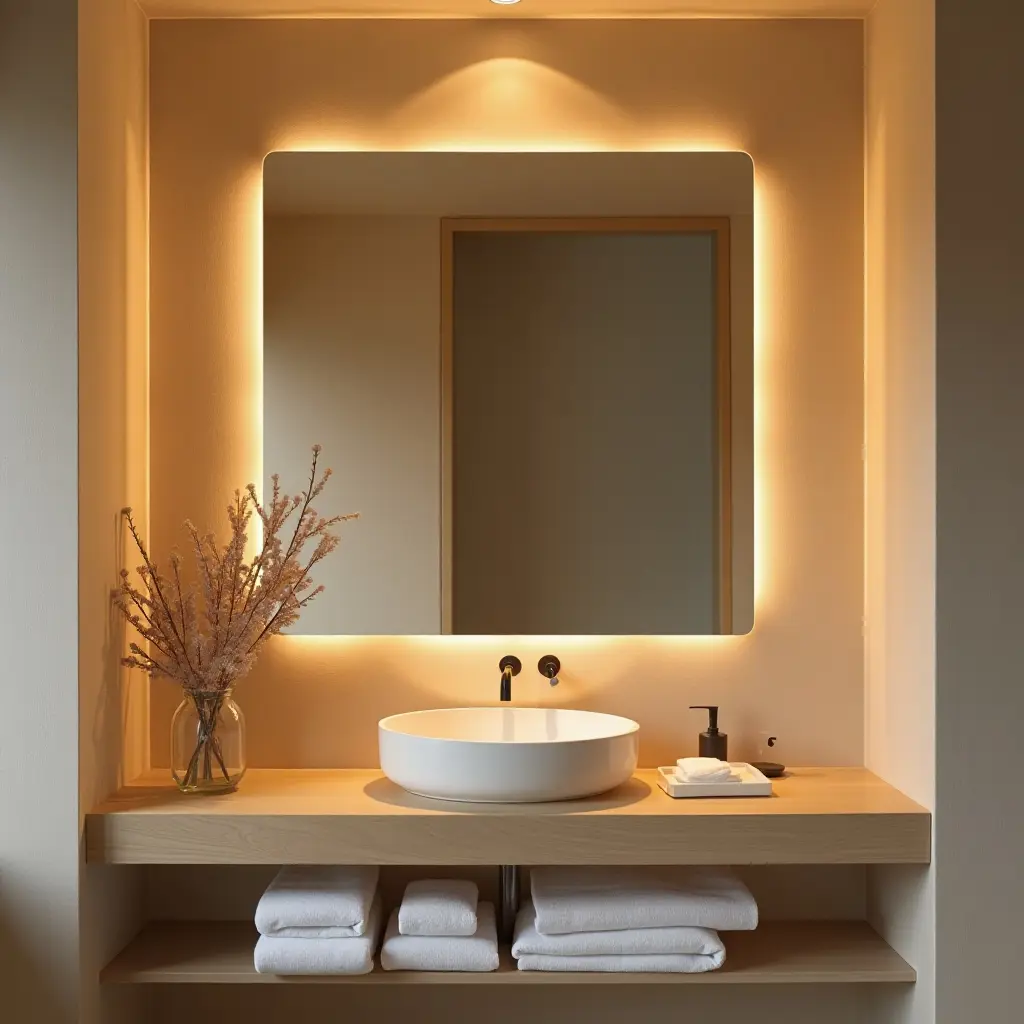 a photo of a wooden mirror frame with soft lighting in a relaxing bathroom