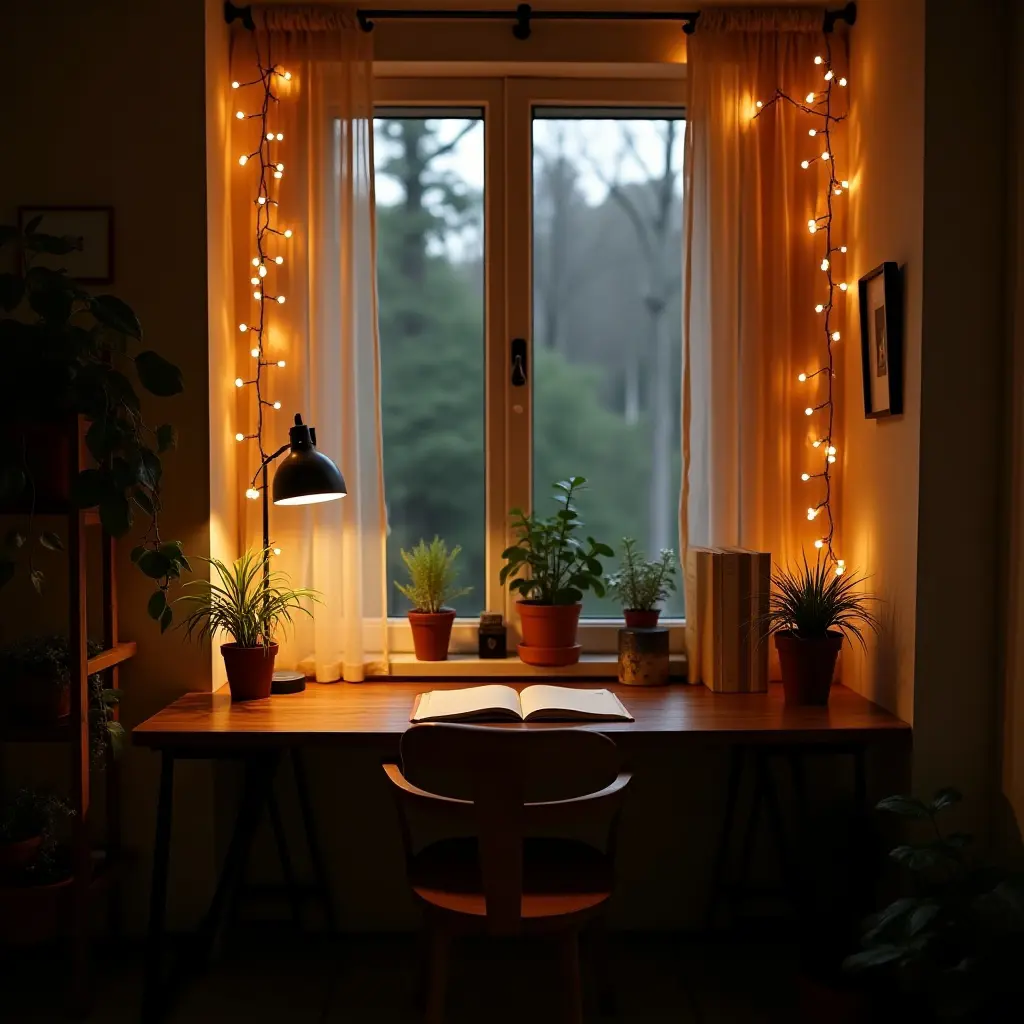 a photo of a study nook with warm fairy lights and plants