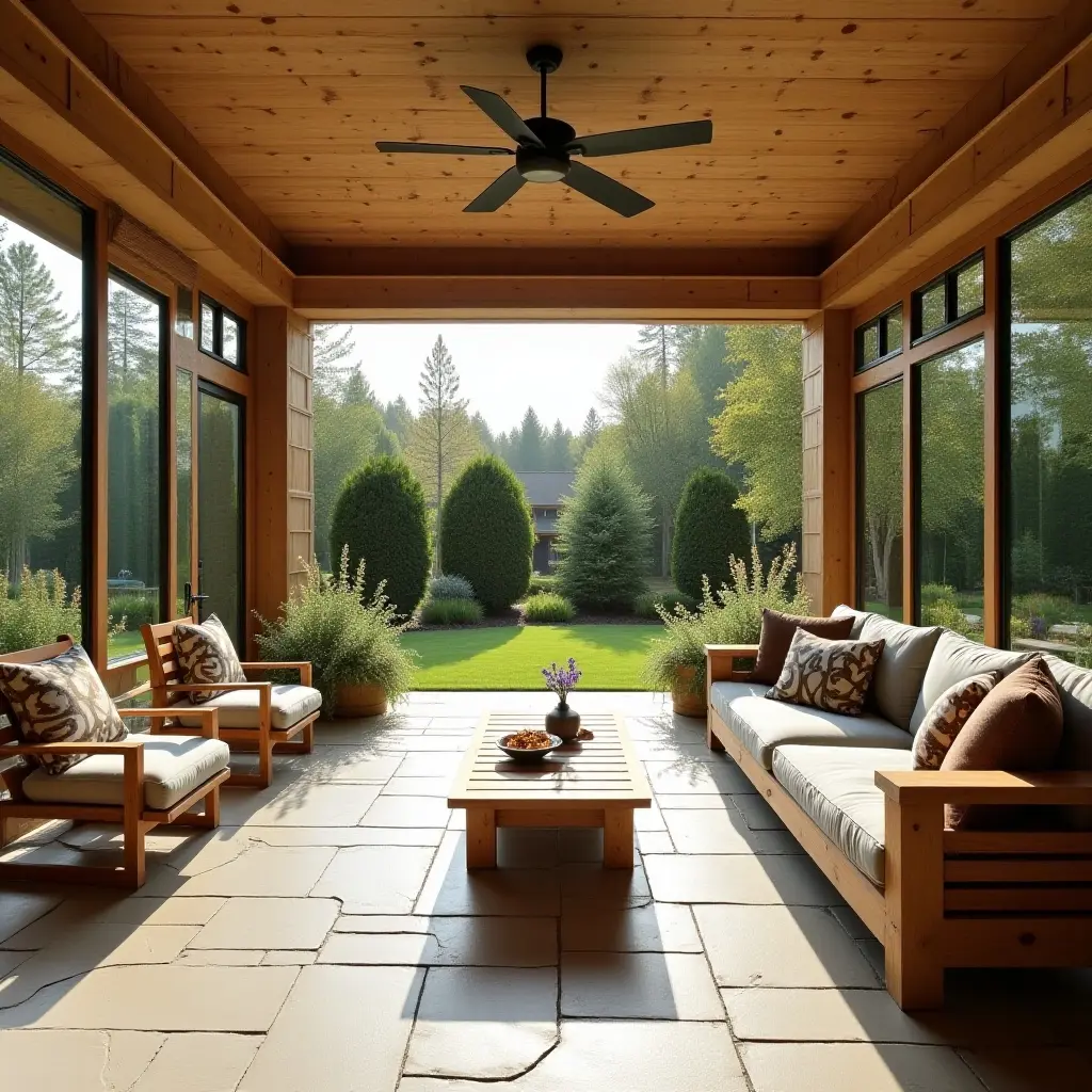 a photo of a wooden patio set in a basement sunroom
