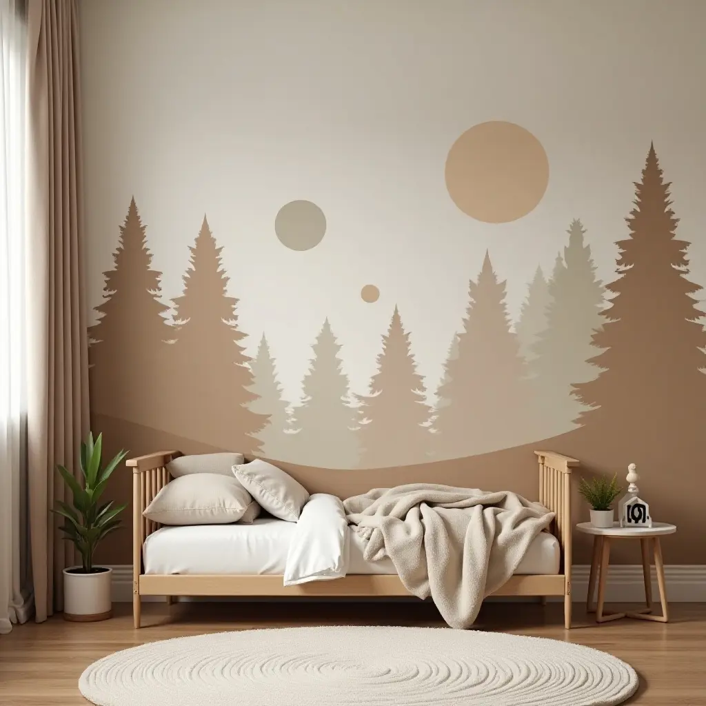 a photo of a cozy beige and brown woodland-themed kids' room