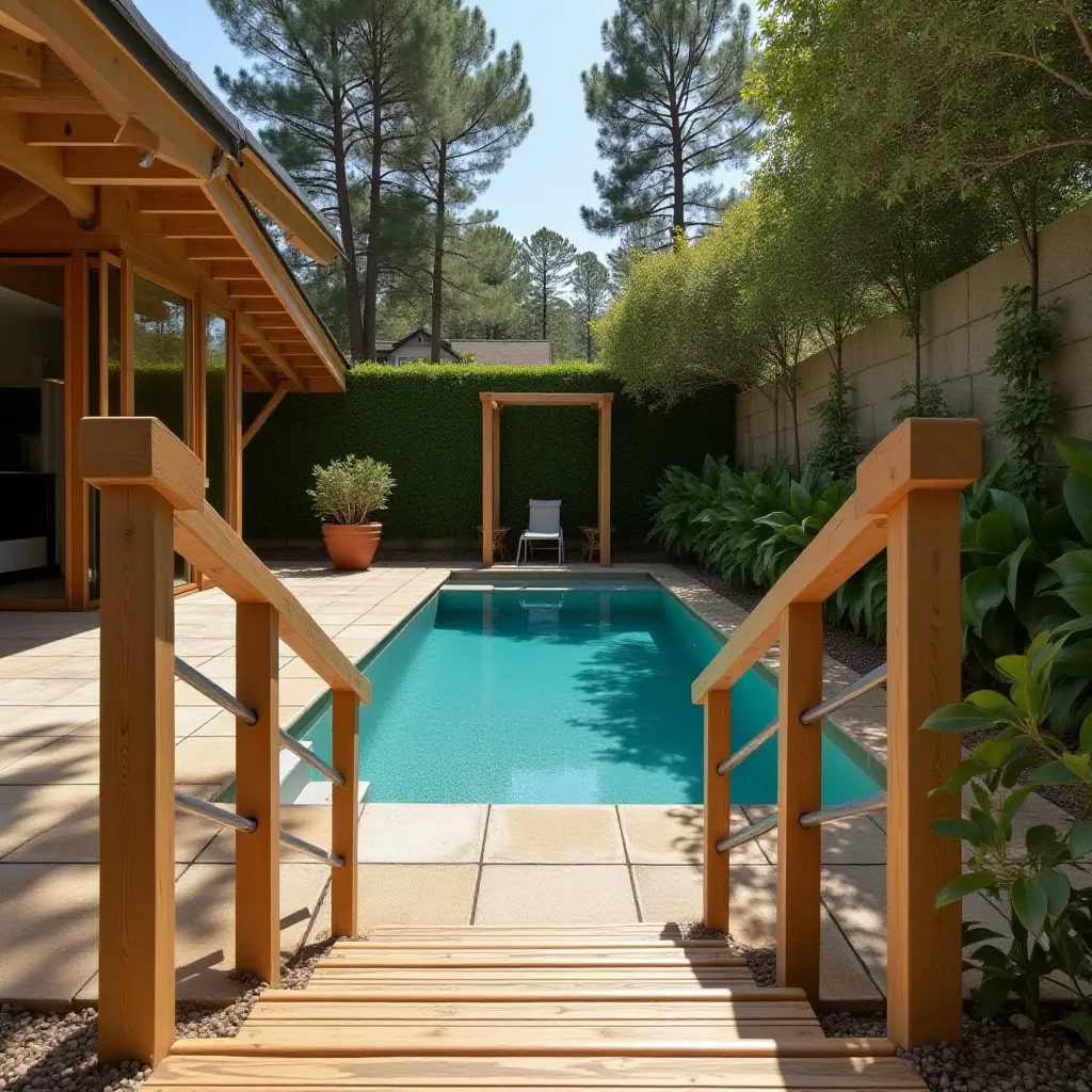 a photo of a wooden staircase leading down to the pool