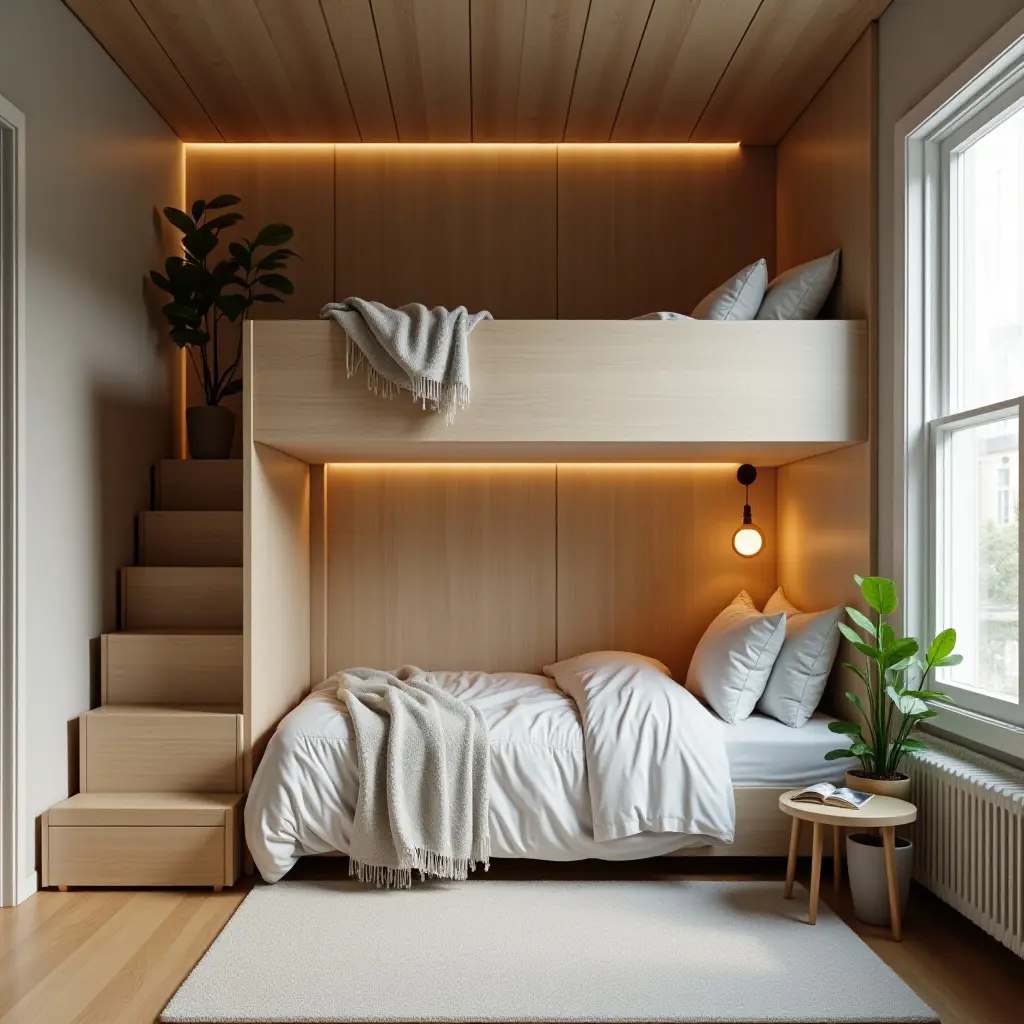 a photo of a cozy bedroom featuring a loft bed and a reading nook