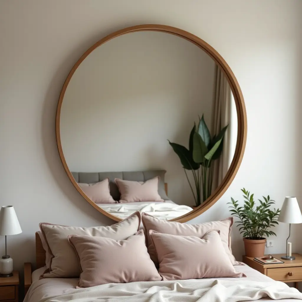 a photo of a wooden mirror reflecting a stylish teen's room