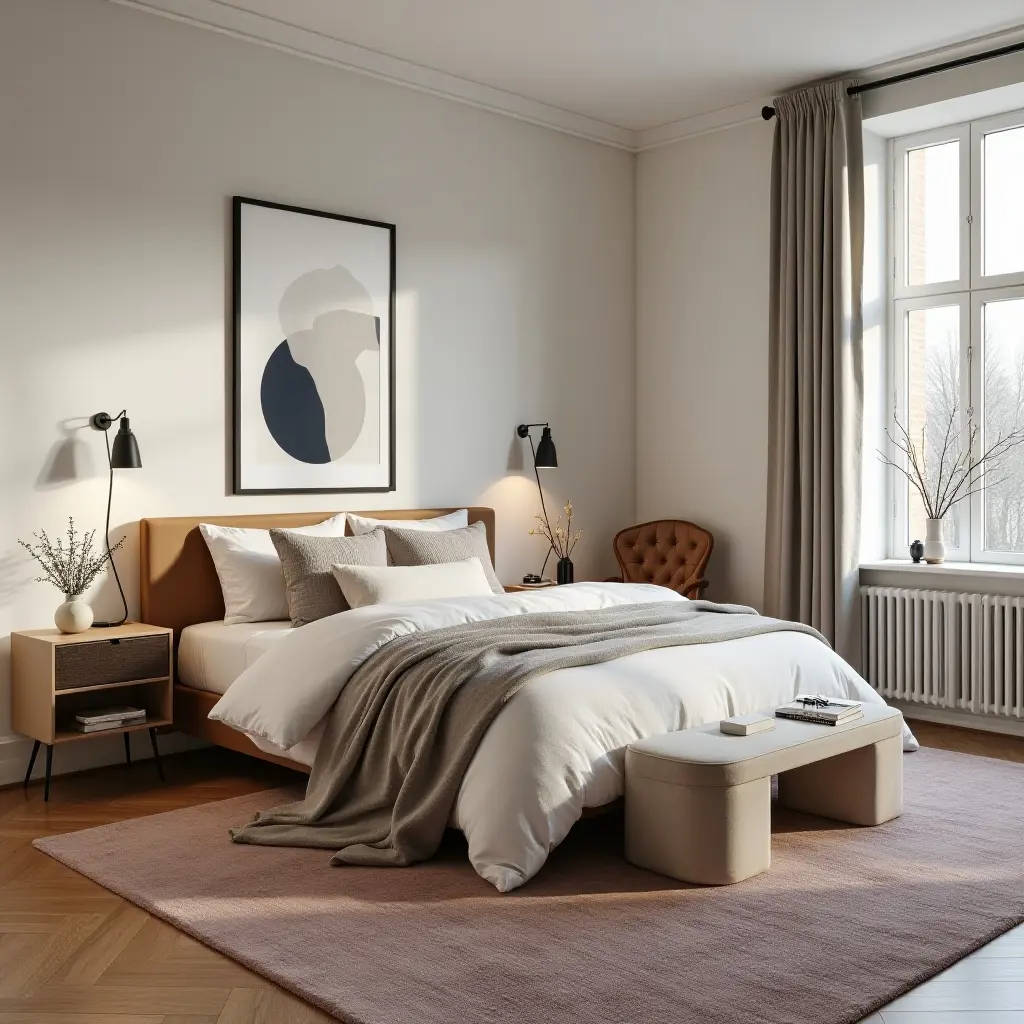 a photo of a stylish bedroom with a statement rug and unique furniture