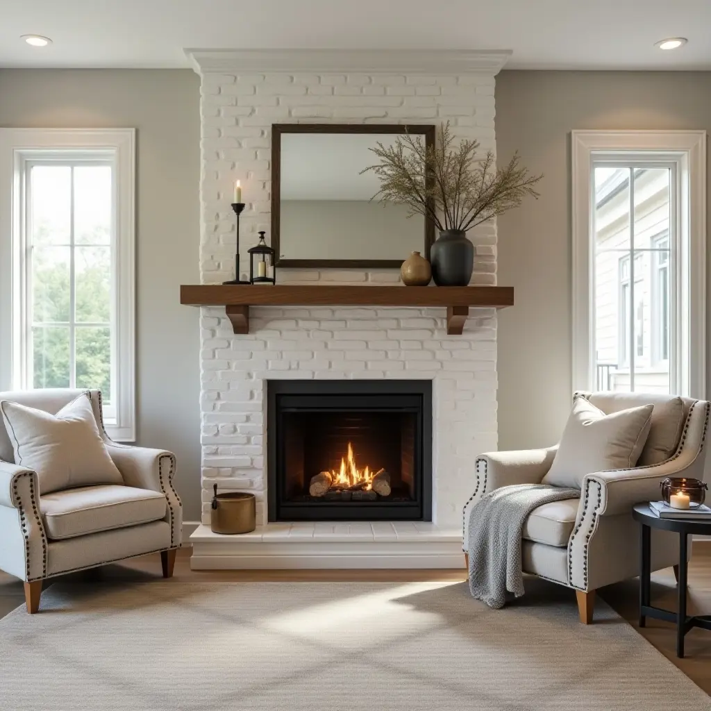 a photo of a cozy basement fireplace area styled with farmhouse decor