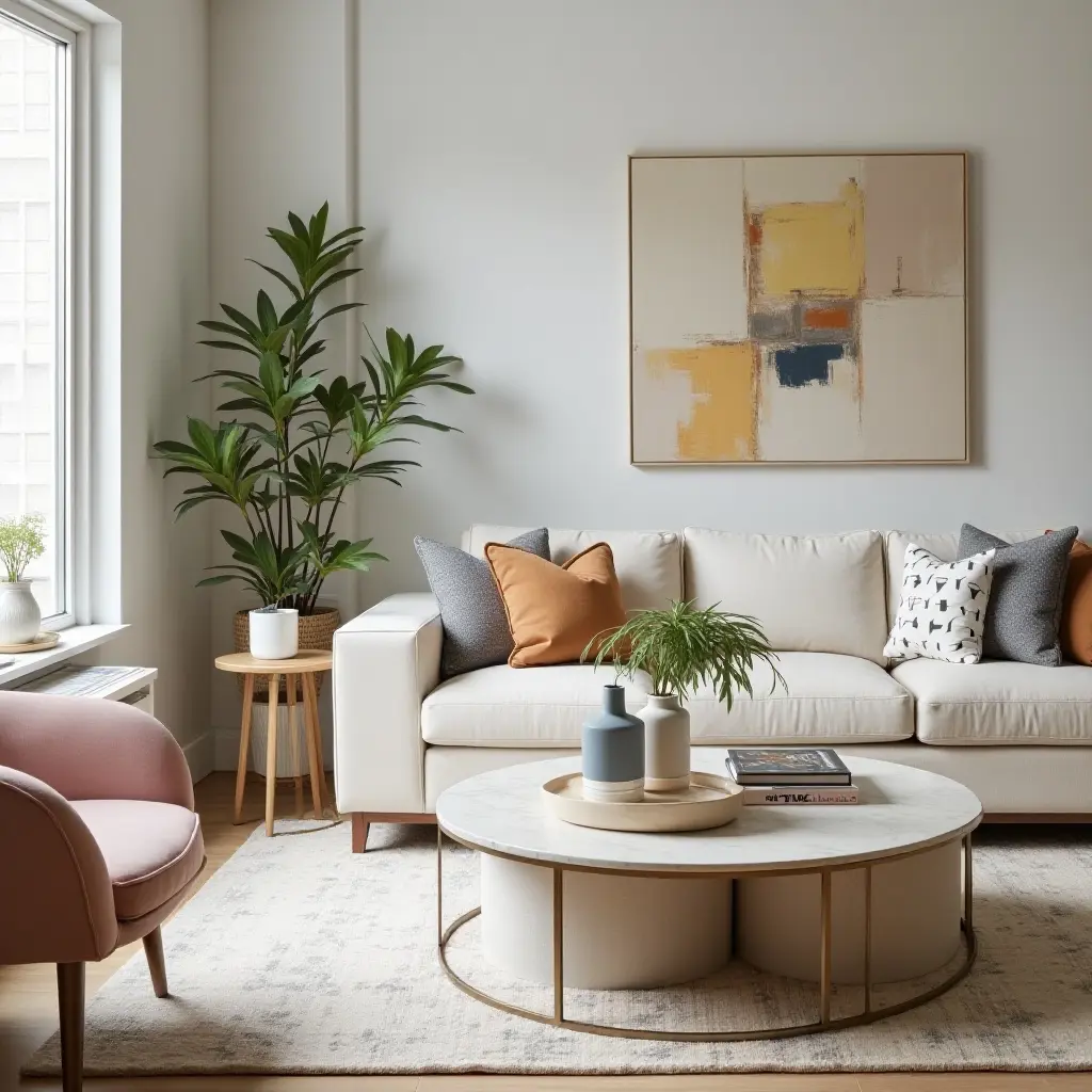 a photo of a trendy living room featuring mirrored shelving and bright accessories