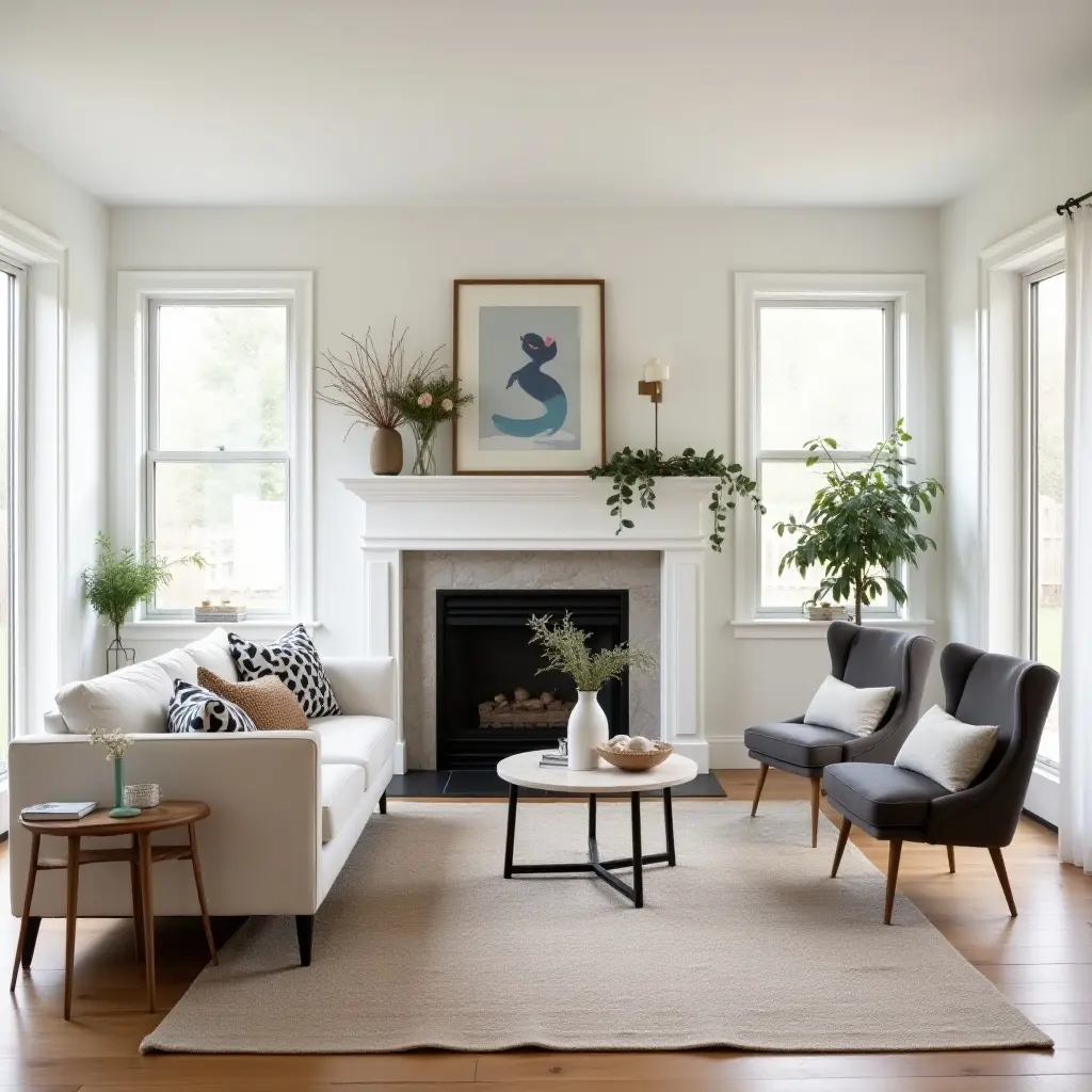a photo of a chic farmhouse living room with a mix of modern and vintage decor