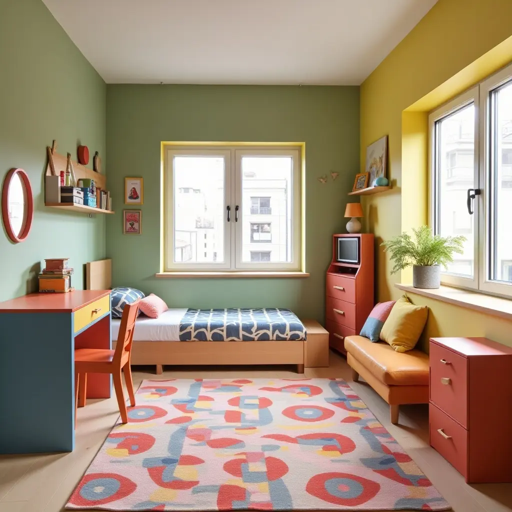 a photo of a modern kids' bedroom with vibrant colors and playful furniture