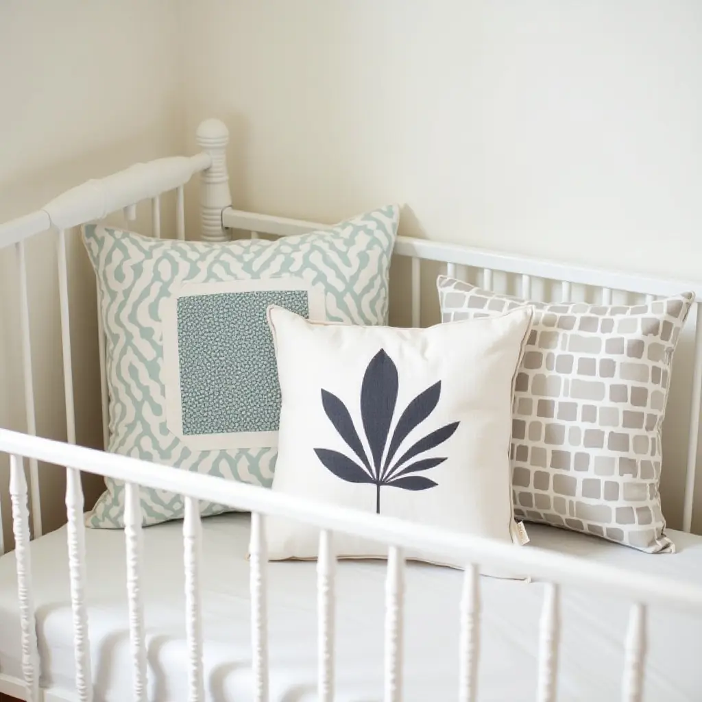 a photo of a nursery featuring throw pillows with playful designs