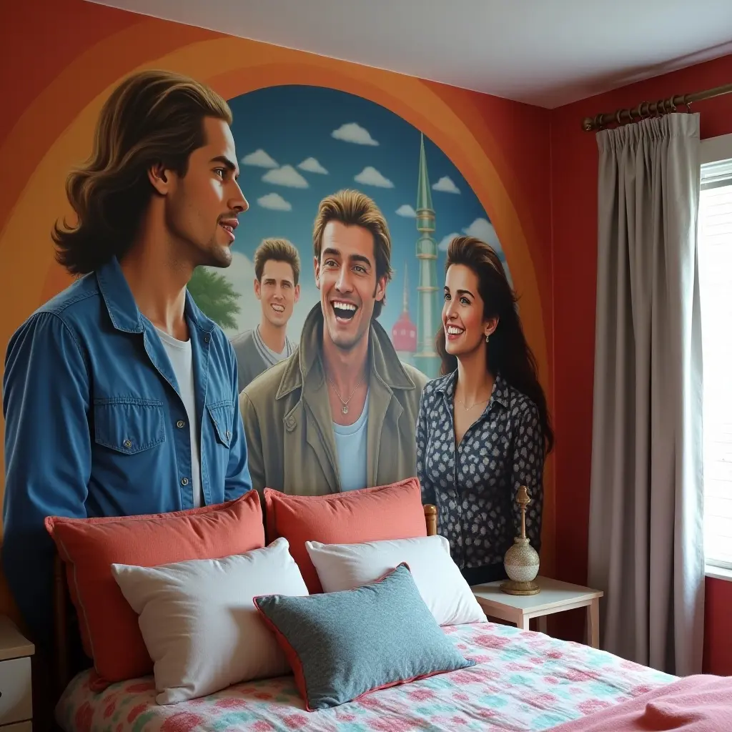 a photo of a wall featuring a mural of a favorite movie scene in a teen's bedroom