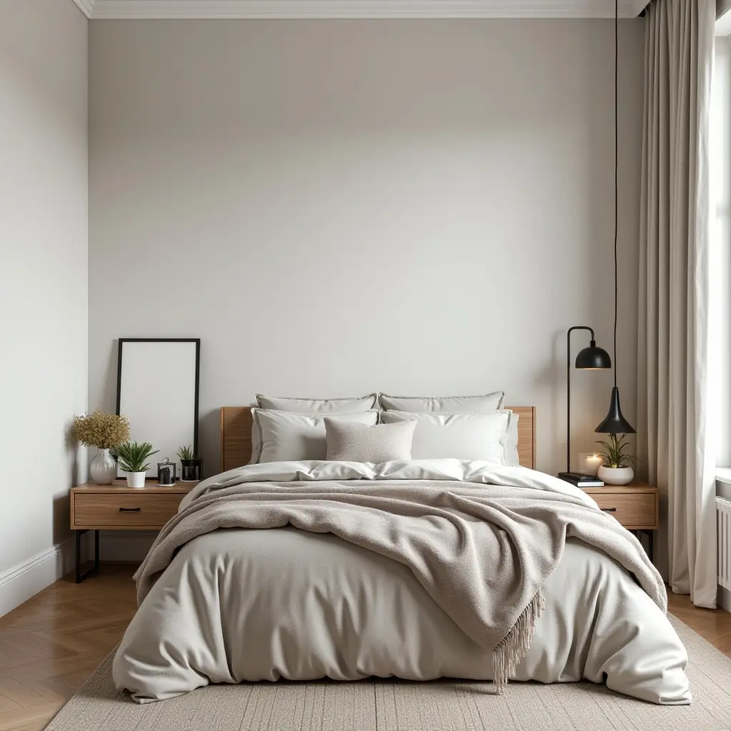 a photo of a minimalist teen bedroom with fabric, wood, and metal accents