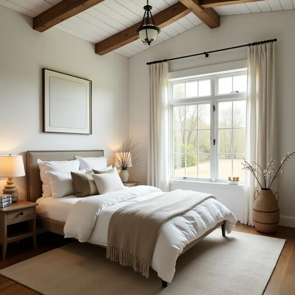a photo of a cozy farmhouse bedroom with a large window and natural light