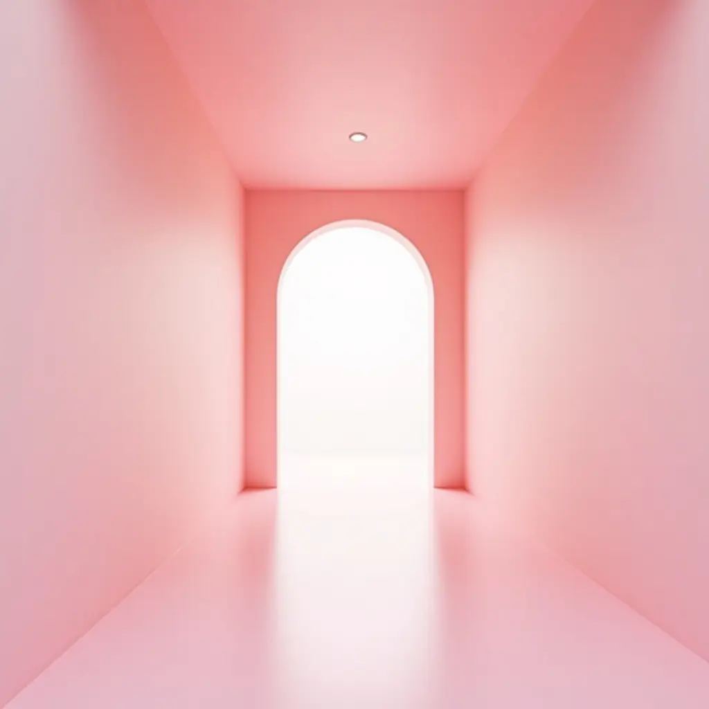 a photo of a playful bubblegum pink and soft white hallway
