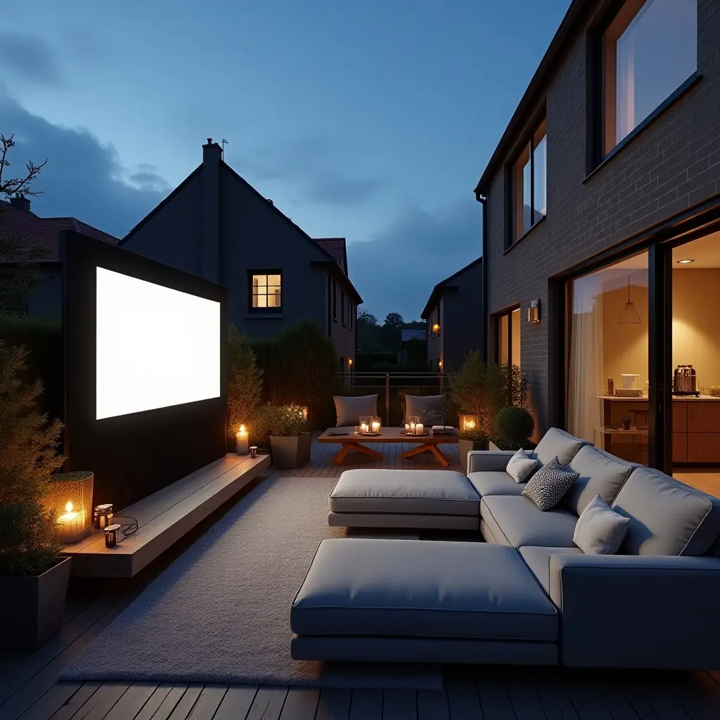 a photo of a contemporary balcony with a small outdoor cinema setup