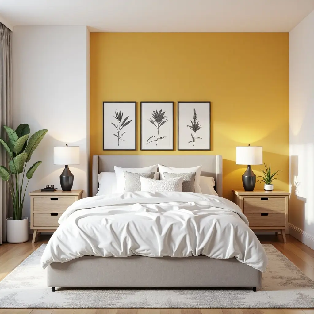 a photo of a stylish bedroom with a bold accent wall and trendy accessories