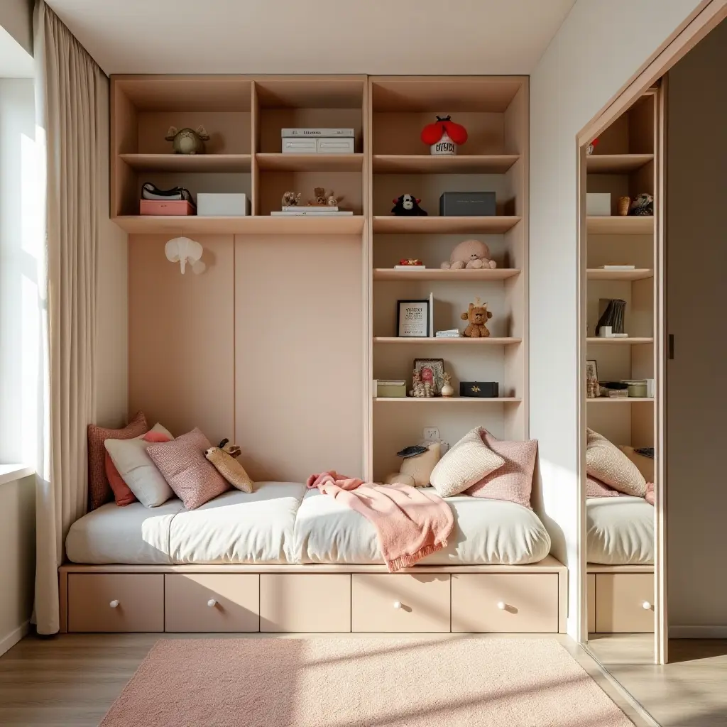 a photo of a vibrant kids' bedroom with clever storage solutions